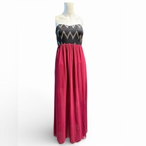 NWT Style Rack Strapless Maxi Black & Red Dress with Sequin top and Sheer bottom